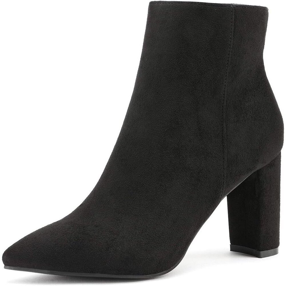 Dream Pairs Women's Black Pointed Toe Fur Lining Block Heel Ankle Booties